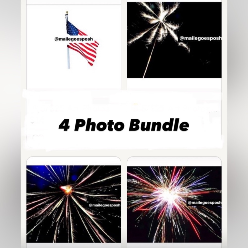 4 Art Photograph Prints Bundle: Fireworks and American Flag 8X10 inch July 4th